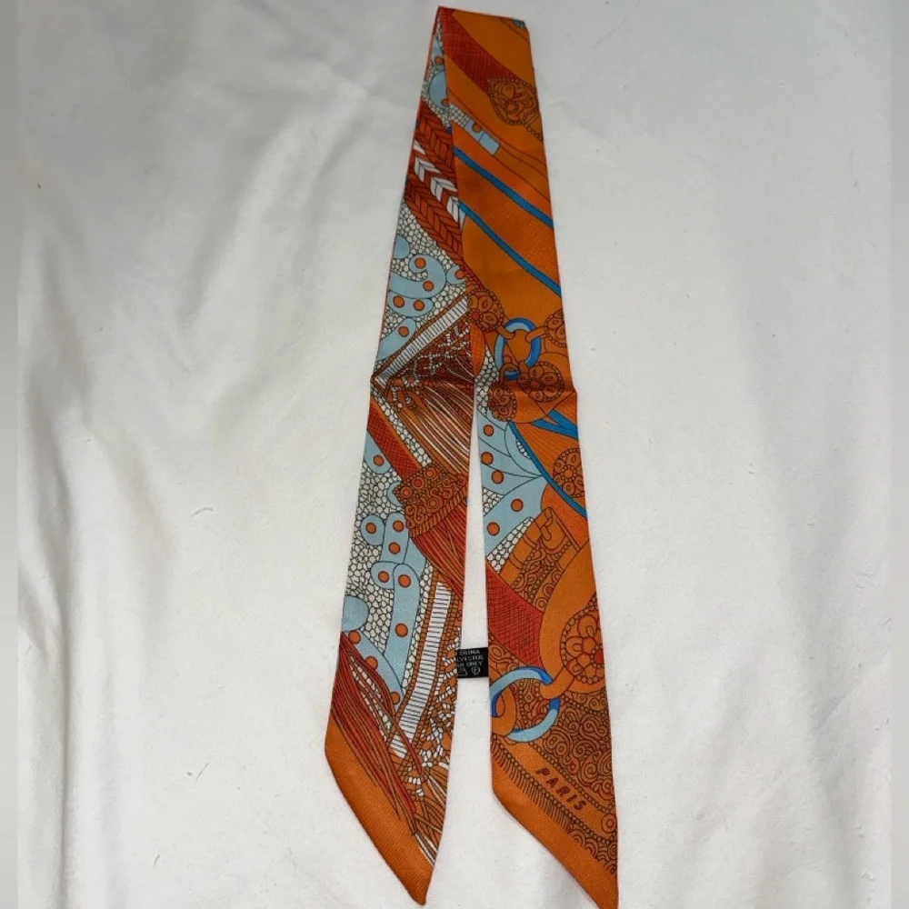 PARIS EQUESTRIAN SKINNY SCARF BAG HANDLE WRAP BANDEAU PURSE RIBBON TIE ORANGE